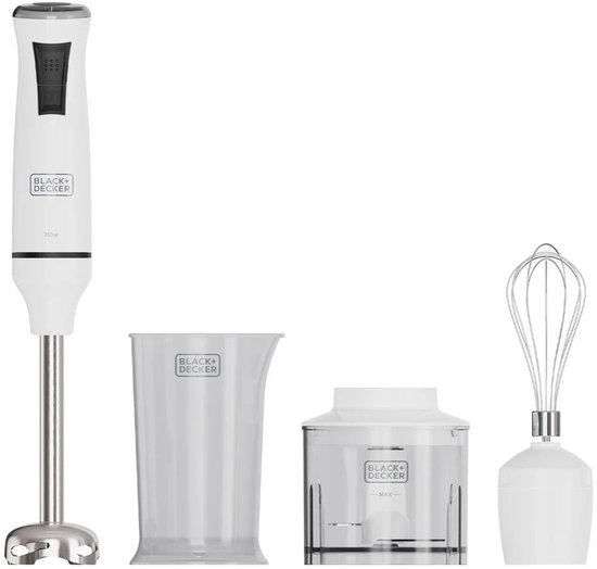 BLACK+DECKER BXHBA750E - Staafmixer 750 W - 20 snelheden - Met hakmolen, garde en maatbeker - Wit