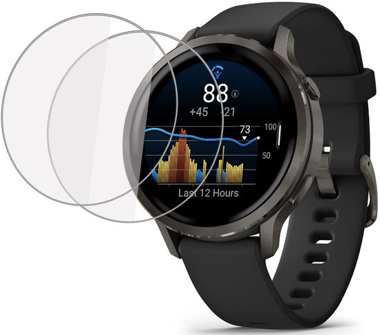 Zwarte Garmin smartwatch met een donkere wijzerplaat en twee ronde, transparante screenprotectors.