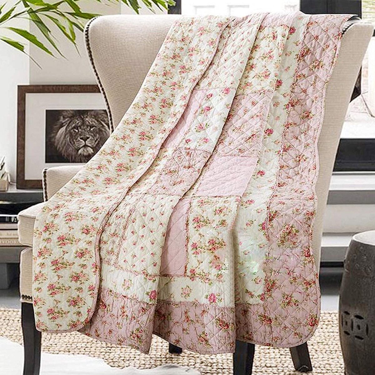 Azomor® Dubbelzijdige katoenen patchwork deken voor bank en bed in bloemmotief