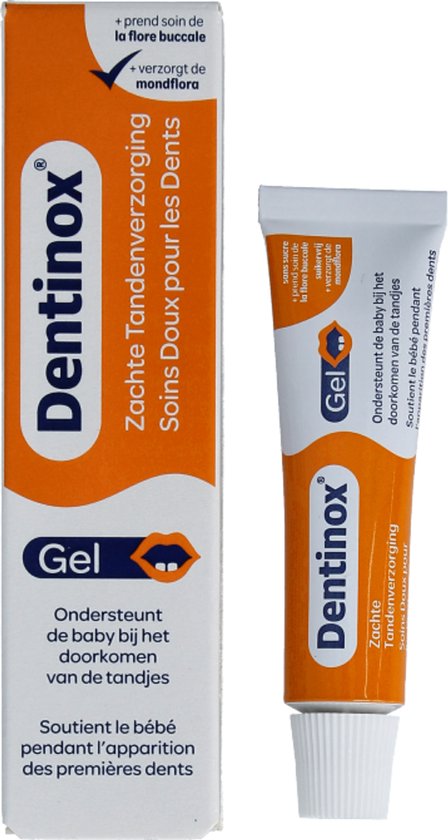 Doos en tube Dentinox Gel. Zachte tandenverzorging, Soins doux pour les dents. Voor baby's met doorkomende tandjes.