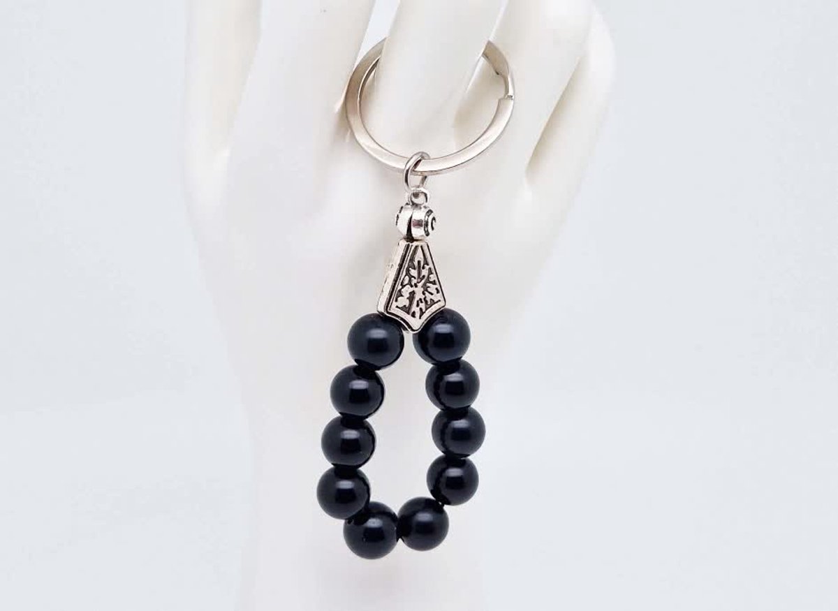 Handgemaakte druppel sleutelhanger van natuursteen " Obsidian" en metaal - diameter kralen 10mm - Aantal stenen10- Een mooi cadeau-idee en een bijzonder aandenken