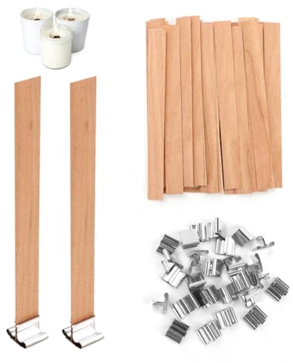 Set met 60 Houten Kaarslonten en 30 Metalen Bases voor Zelfgemaakte Kaarsen