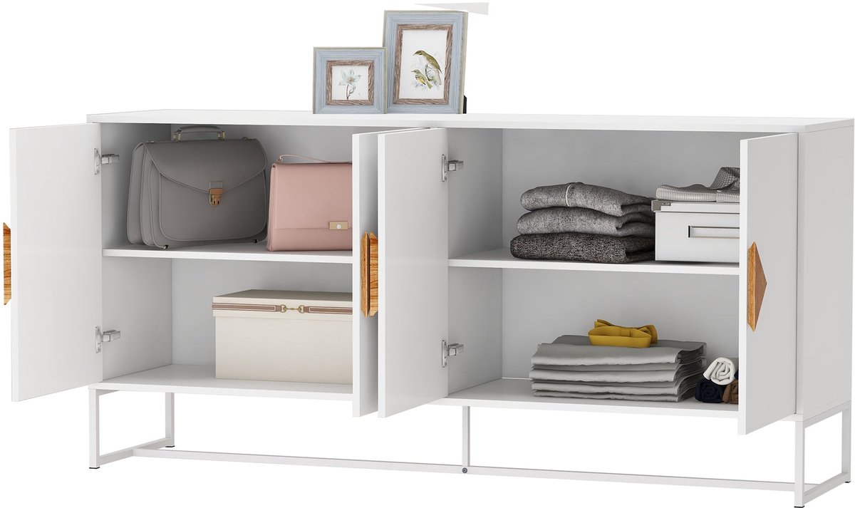 Merax Wit Houten Dressoir met 4 Deuren en Dubbele Opbergruimte - Moderne Kast met Metalen Onderstel en Vierkante Handgrepen - Sideboard - TV Meubel - Buffetkast - 160 cm