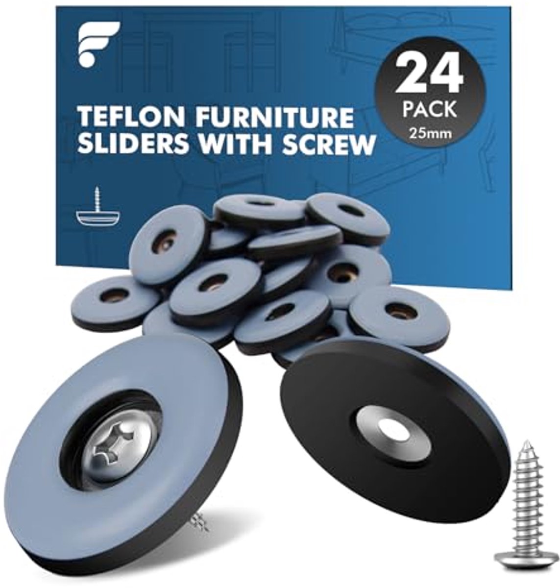 Teflon Vloerglijders met Schroef - 24 Stuks Ø 25 mm voor Makkelijk Meubelverplaatsen