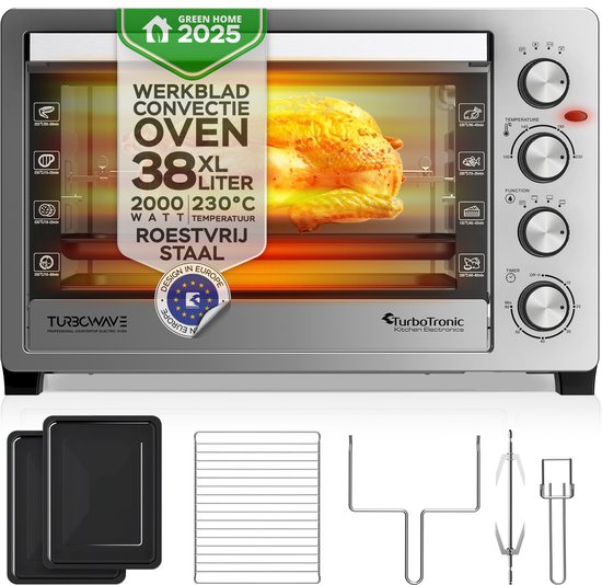 Four électrique autonome TurboWave TT-EVS38 – 38 L | 2000 W | Air chaud et rôtisserie | Four en acier inoxydable