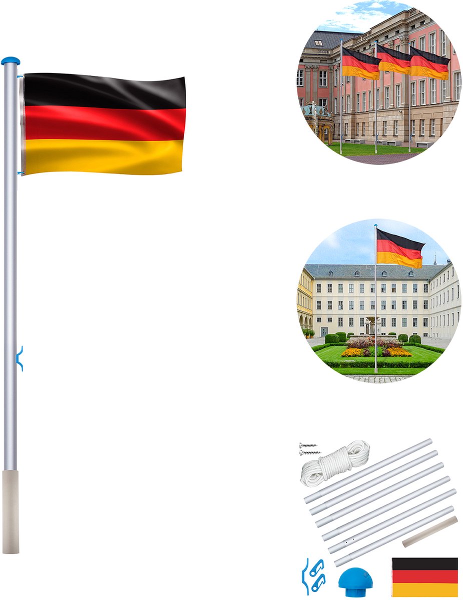 6,5 m Vlaggenmast Stabil Vlaggenstok Aluminium Met Duitse Vlag 1,5m X 0,8m - Inclusief Bodemhuls 50cm, Seiltrant, Trekseil, Sluithaak - 5 Verschillende Hoogtes Instelbaar