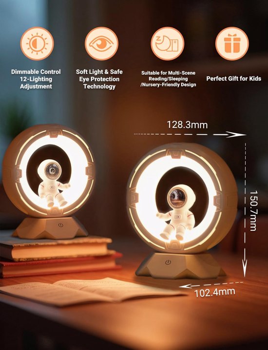 Nachtlampje voor kinderen, astronaut ruimte nachtlampje lamp met 12 niveaus koud warm licht oplaadbare dimbare kraan touch nachtlampje voor kinderen kinderen peuter slaapkamer nachtkastje van Merkloos — afbeelding 2