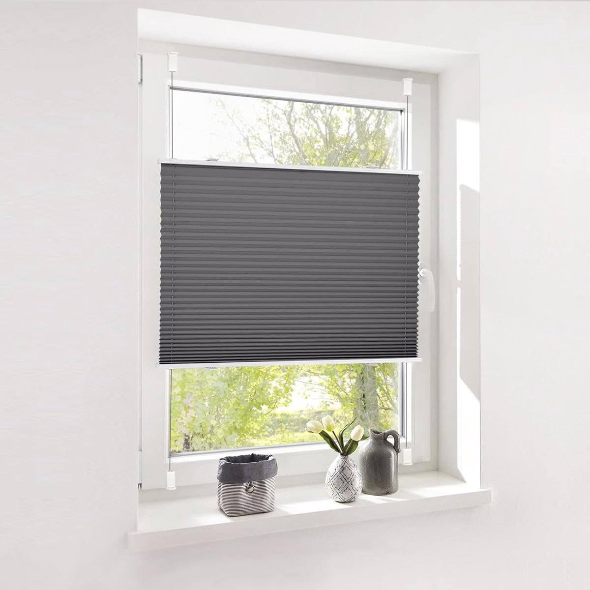 Plooigordijn, zonder boren, klembevestiging, grijs, zonwering, zonbescherming, Easyfix, vouwgordijn, doorschijnend gordijn voor ramen en deuren,80x210cm