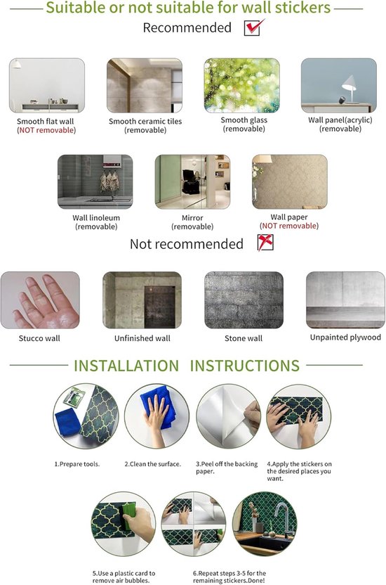 Afbeeldingen tonen geschikte en ongeschikte ondergronden voor muurstickers, met installatie-instructies.