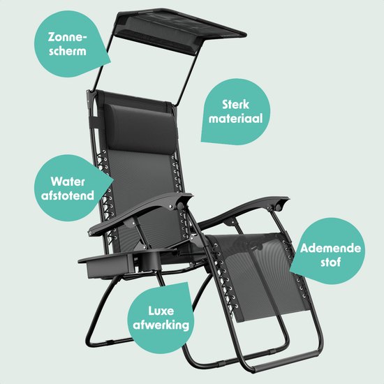 LifeGoods Opvouwbare Tuinstoelen - Verstelbaar Zonnescherm - Ligstoel Tuin - 2 Stuks - 30°-90° Verstelbaar - Metaal - Zwart