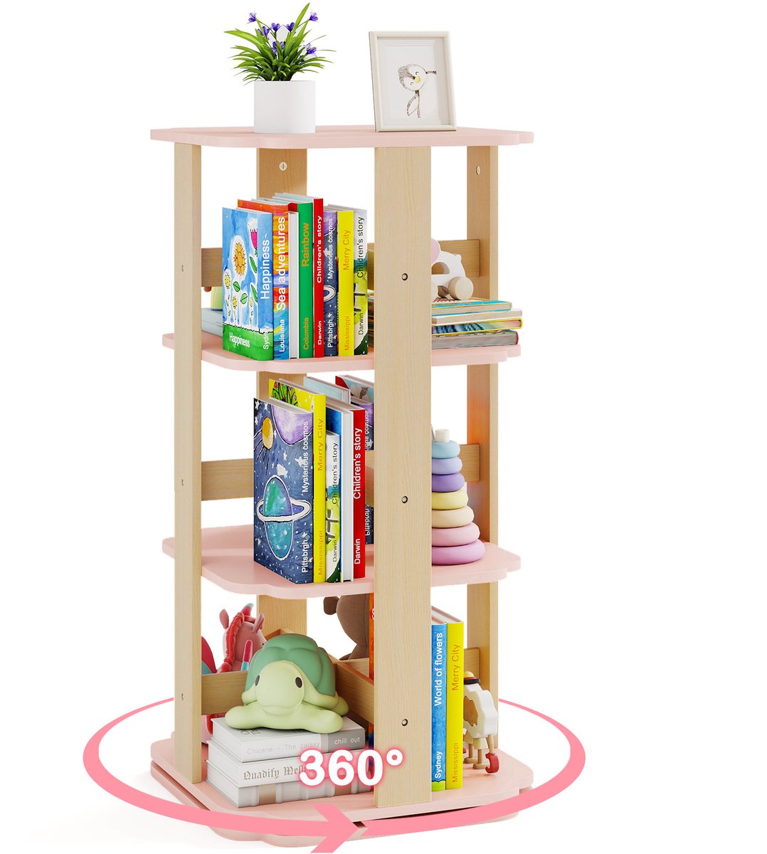 Costway Kinderboekenkast 360° draaibaar, 3-laags speelgoedrek met 12 vakken, vrijstaand hoekboekenkast, roze, kinderboekenkast voor kinderkamer, kleuterschool, 48 x 48 x 95,5 cm