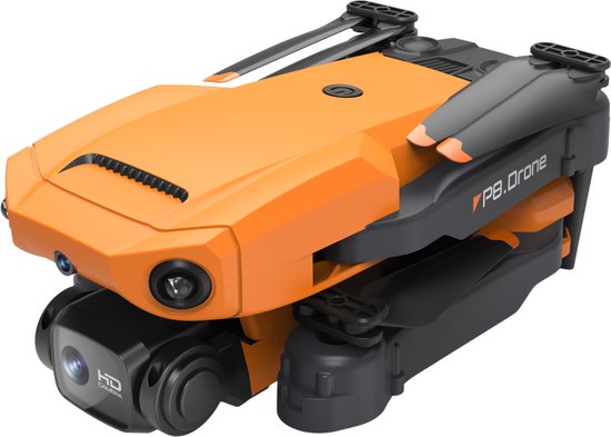 Oranje en zwarte opvouwbare drone met HD camera aan de voorkant.