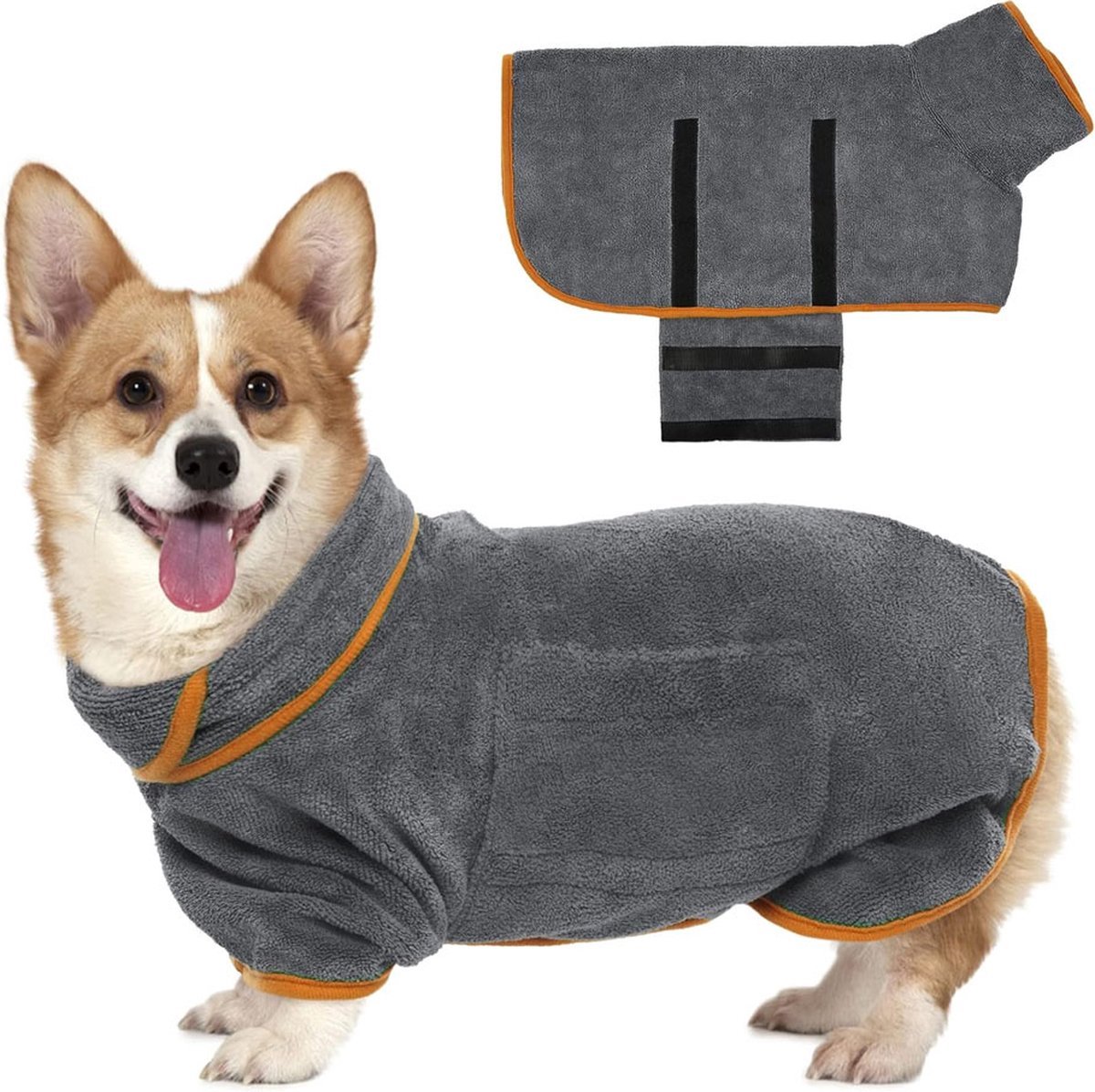 Microvezel Hondenbadjas - Absorberende Hondenbadjas - Badjas Hond - Ruglengte 60 Cm - Maat L - Hondenkleding -Badjas Voor Huisdieren Met Klittenbandsluiting - Sneldrogende Hondenjas - Grijs