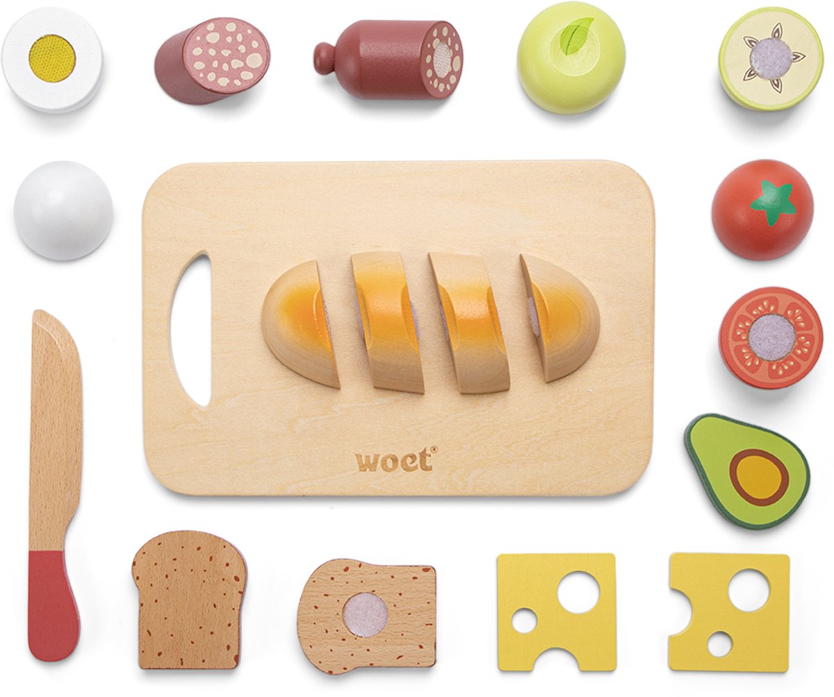 Woet® Houten Snijset Ontbijt - Speelset met Snijplank met Brood, Avocado, Kaas, Ei en Fruit - Educatief Speelgoedeten - Rollenspel Keukenspeelgoed - Vanaf 2 Jaar — afbeelding 3