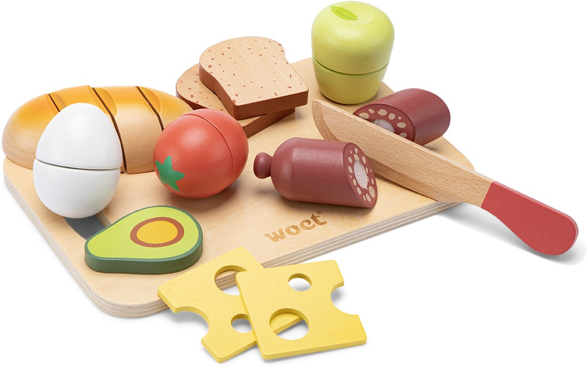 Woet® Houten Snijset Ontbijt - Speelset met Snijplank met Brood, Avocado, Kaas, Ei en Fruit - Educatief Speelgoedeten - Rollenspel Keukenspeelgoed - Vanaf 2 Jaar — afbeelding 2