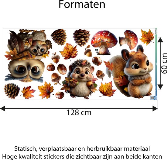 Grote herfstwindowstickers (128x60 cm) met schattige dierenfiguren, paddenstoelen en herfstbladeren.