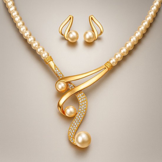 Parure de bijoux - Collier et Boucles d'oreilles - 2 pièces - Perle/Doré/Zircone