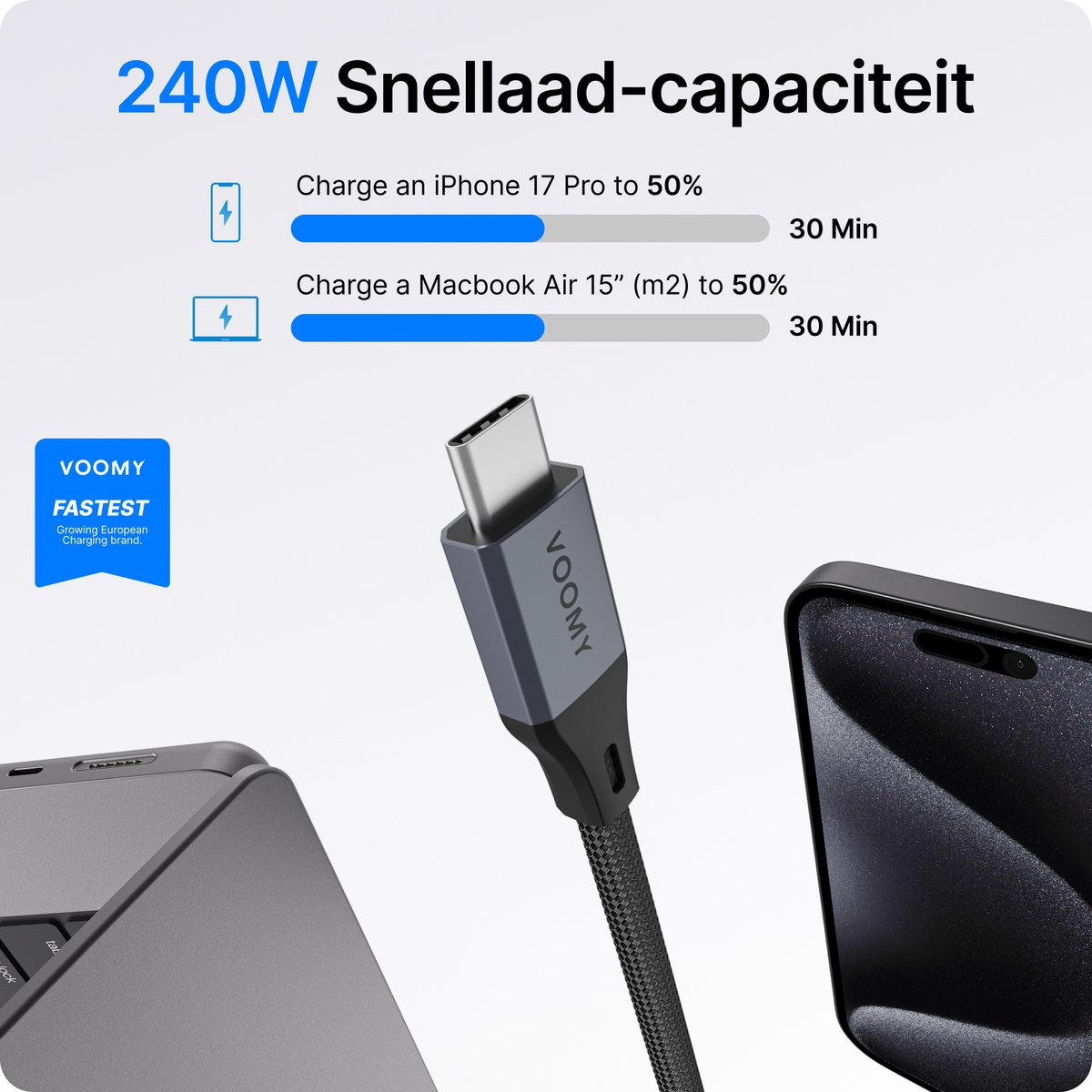 Voomy USB C Kabel 240W - 1 Meter - USB-C naar USB-C oplaadkabel - Geschikt voor Telefoon, Tablet & Laptop - Gevlochten Nylon - Space Grey — afbeelding 3
