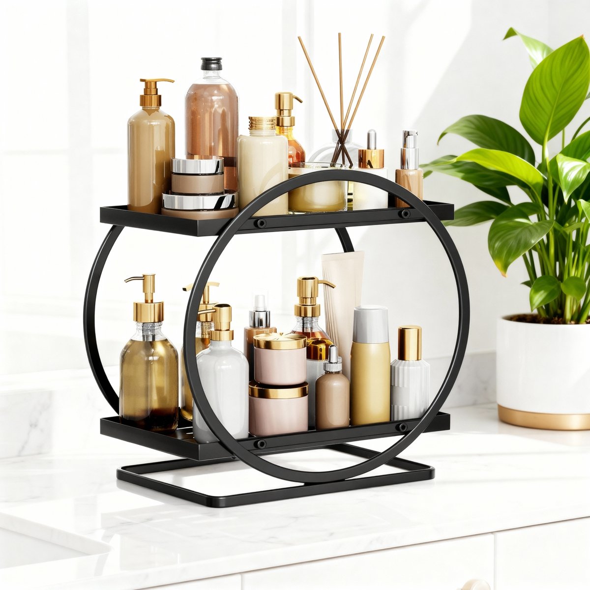 REFTTENW Make up organizer - Parfum organizer staal - parfum display - 2-laags Badkamer organizer - Metalen parfum organizer voor slaapkamer, badkamer - Zwart