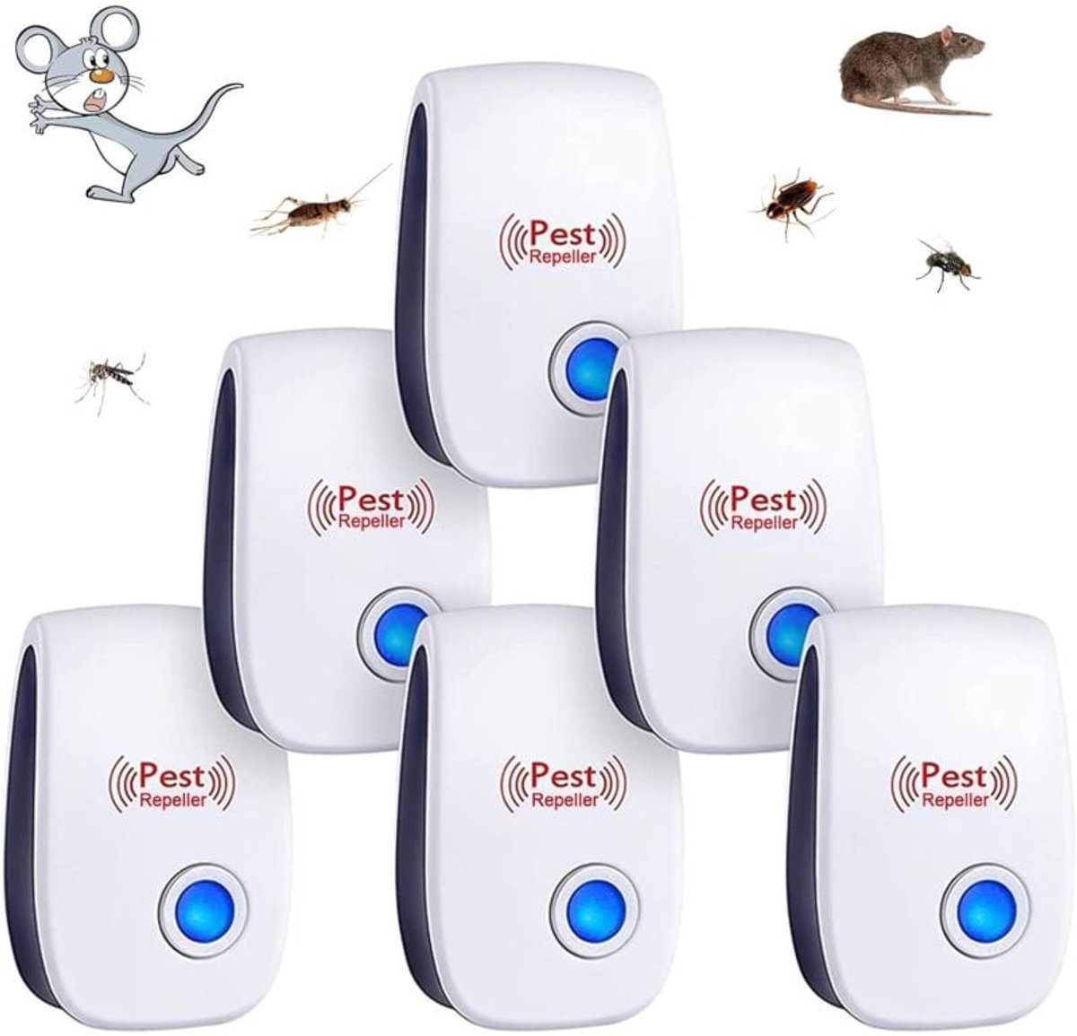 6-pack ultrasoon ongediertebestrijdingsmiddel voor binnen tegen muggen, ratten, kakkerlakken, knaagdieren, mieren, spinnen en insecten - voor thuisgebruik, stil, niet-giftig, dekking voor het hele huis, slim ongediertebestrijdingsmiddel
