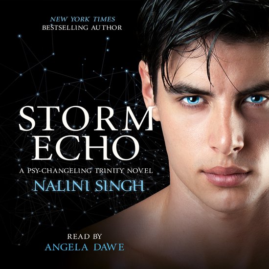 Boekomslag met close-up van een man met blauwe ogen, met de titel "Storm Echo" en "Nalini Singh".