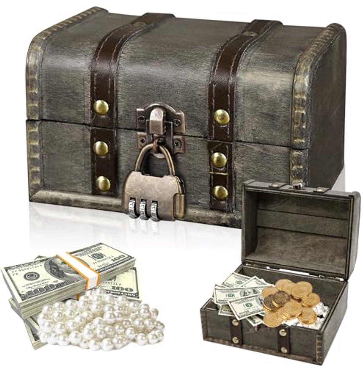 Houten Schatkist met Slot voor Sieraden - Vintage Piratenschatkist 16 x 12 x 9,5 cm
