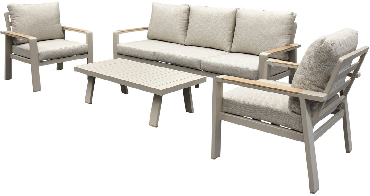 Lola stoel bank loungeset 4 delig latte zand aluminium teak