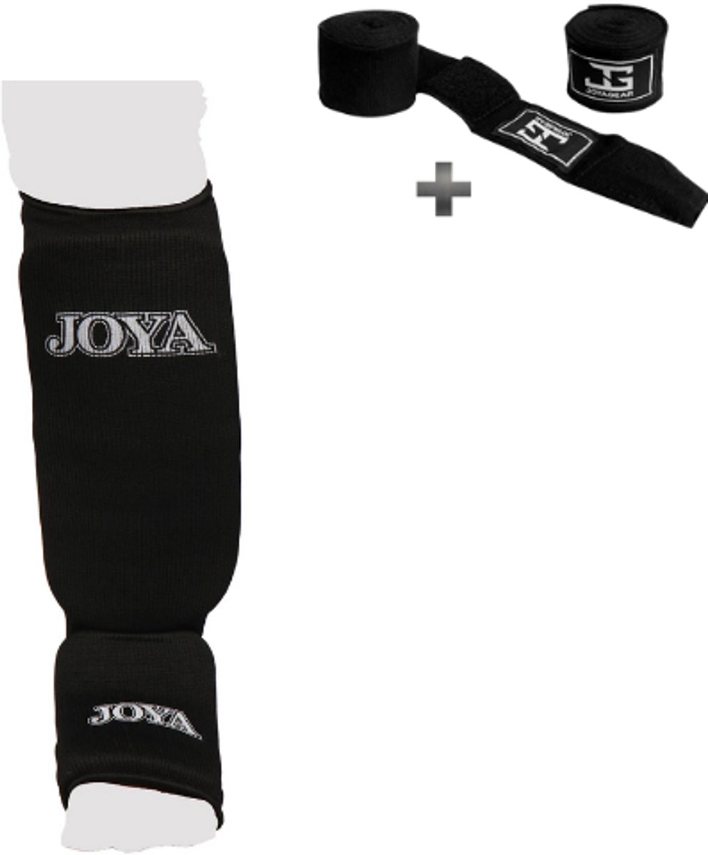 Joyagear Scheenbeschermer Kickboksen/Muay Thai – Inschuif Elastisch Katoen – Zwart – XL – incl. Bandage