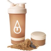 Motivai Shakebeker met poedercompartiment - Zalm Roze - Shaker - 3 delige shaker - 600ml - Motivatie Waterfles - Voor het maken van Shake's - Ook voor supplementen - extra compartimenten voor eiwit en preworkout en/of pillen - met shakebal