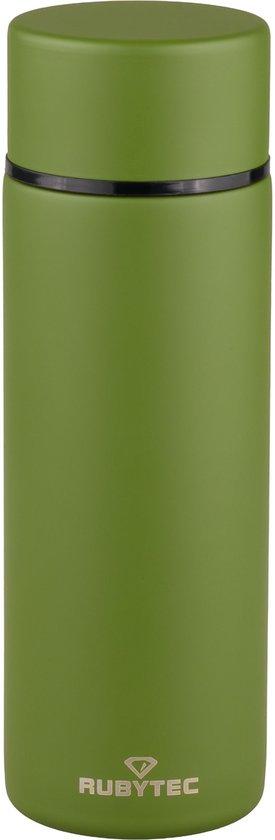 Matgroene RVS thermosbeker met zwarte rand en dop. "RUBYTEC" logo onderaan.