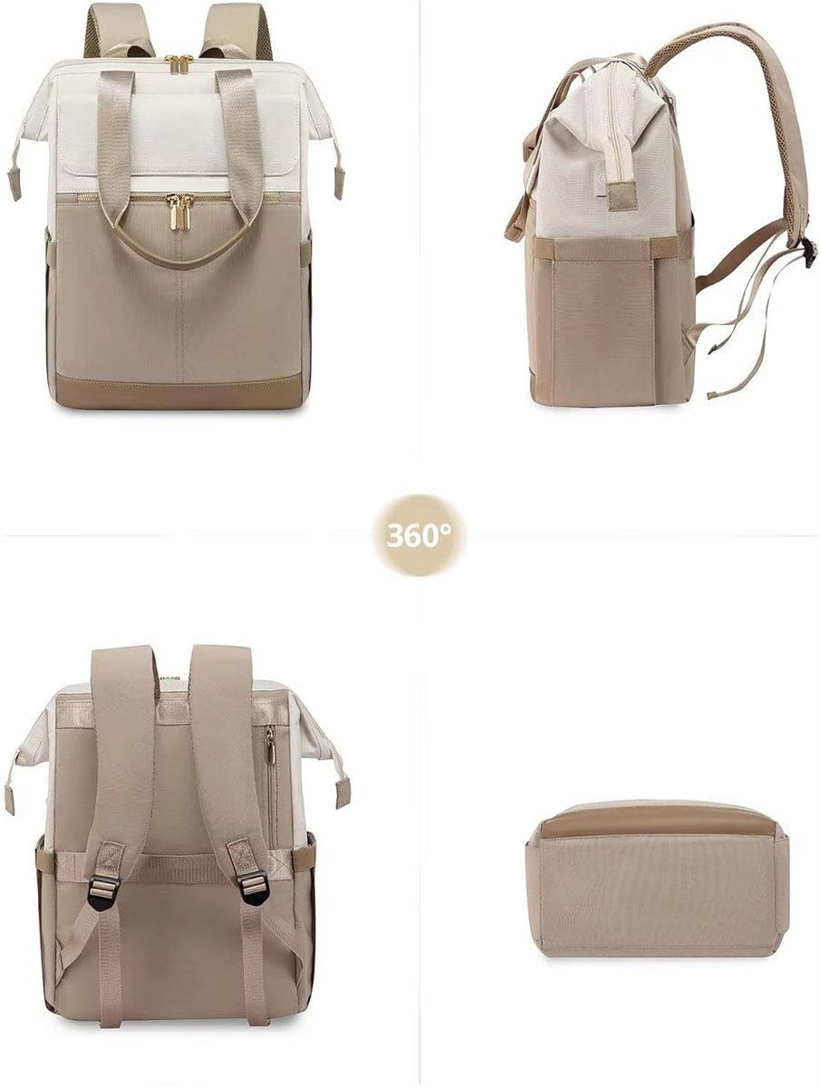 Beige Crème Oxford Rugzak voor Vrouwen (43x30x20 cm) – Waterdicht, Ruim & Stijlvol | Luiertas, Reistas & Werktas met Extra Clutch (21x15 cm), Kofferband & Anti-diefstal Achtervak – foto 2