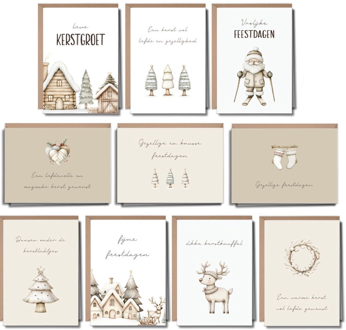 Luxe Kerstkaarten Set - 10 Wenskaarten met Enveloppen - A6 formaat - Kerstkaartjes - 10 stuks - Nieuwjaarskaarten - Duurzaam - Blanco - Beige