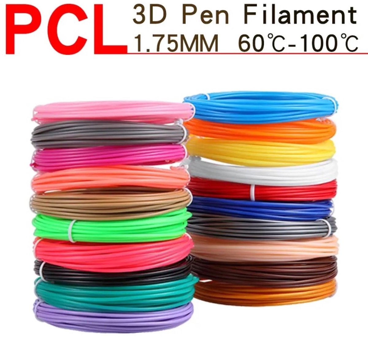 merkloos - PCL filament - 10 kleuren - 5 meter per rol - 50 meter filament - 1.75 diameter