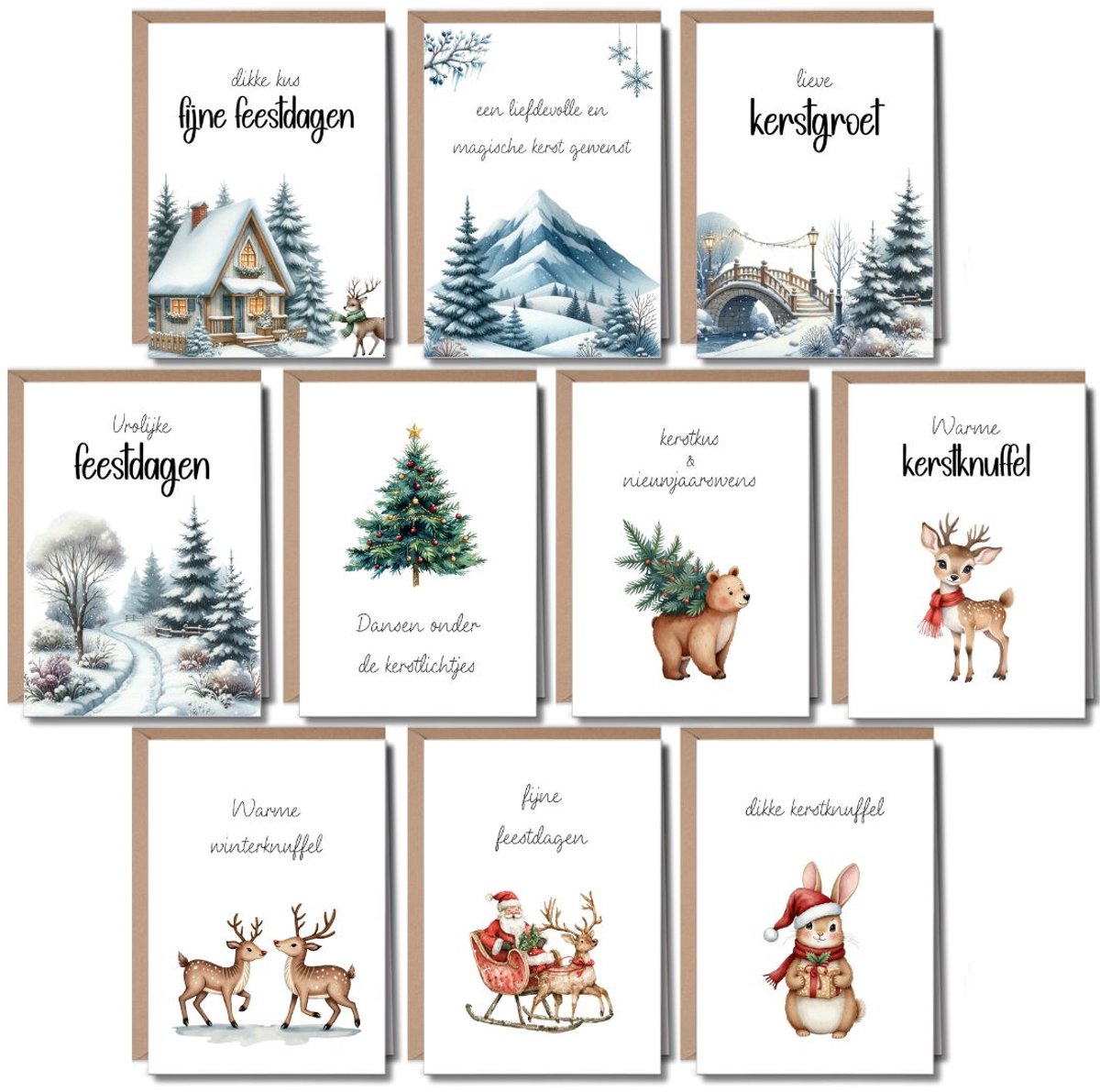 Luxe Kerstkaarten Set - 10 Wenskaarten met Enveloppen - A6 formaat - Kerstkaartjes - 10 stuks - Nieuwjaarskaarten - Duurzaam - Blanco - Dieren