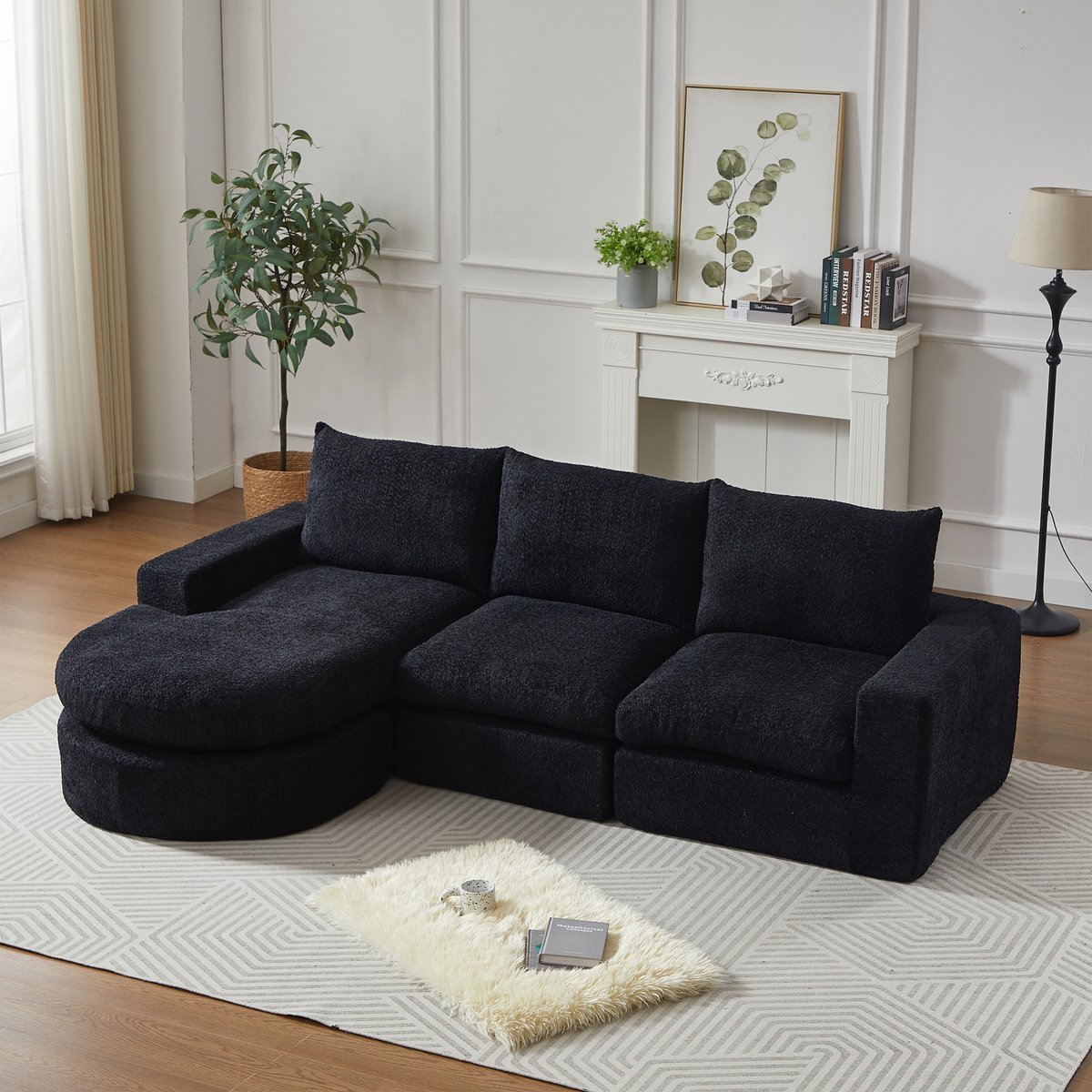 PHOEBE CAT Hoekbank - Chenille stof - Modulaire L-vormige bank - Geen montage nodig - Zwart