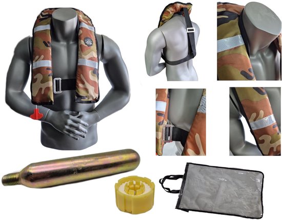 Reddingsvest 150N Automatisch - 150kg - Volwassenen - Camouflage - Handbediening - Universele maat - Comfortabel - Verstelbaar - Draagtas - Extra Zegelring - Extra Gas Cilinder