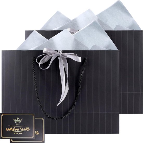 Mifferer Cadeauzakjes – Set Van 2 Stuks Met Tissuepapier En Kaarten – Zwart, 29x10x22 Cm – Voor Verjaardagen, Bruiloften, Valentijnsdag En Meer