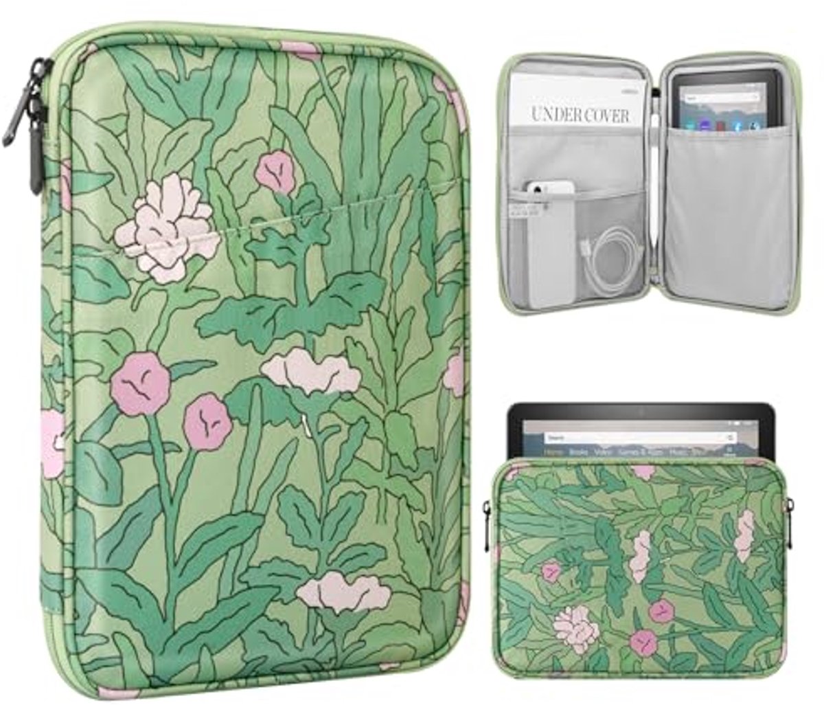 Tablethoes voor 8-9 inch tablet met meerdere opbergvakken - Groene Bloem