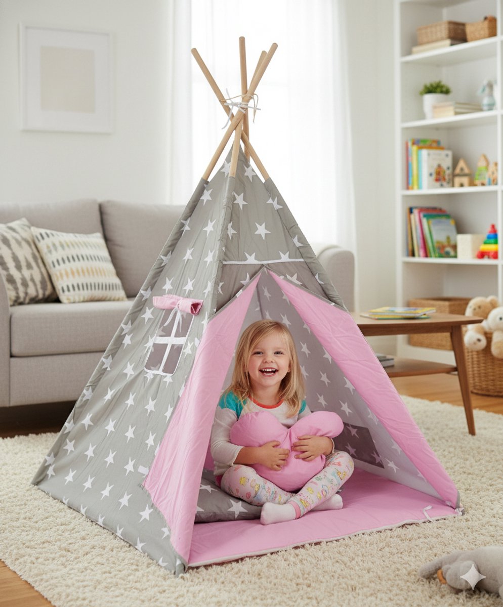 P&M Tipi Speeltent - Met Grondkleed & Kussens - Tent voor kinderen - Grijs