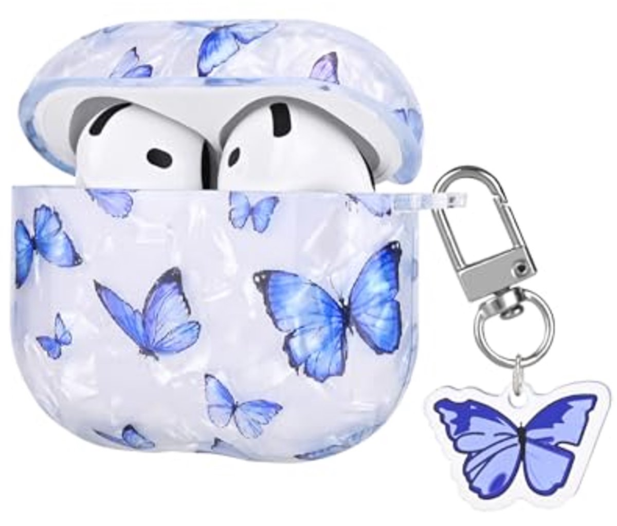 Glinsterende Beschermhoes Compatibel met Airpods 4 Gen 2024 - Blauw Vlinderpatroon met Sleutelhanger