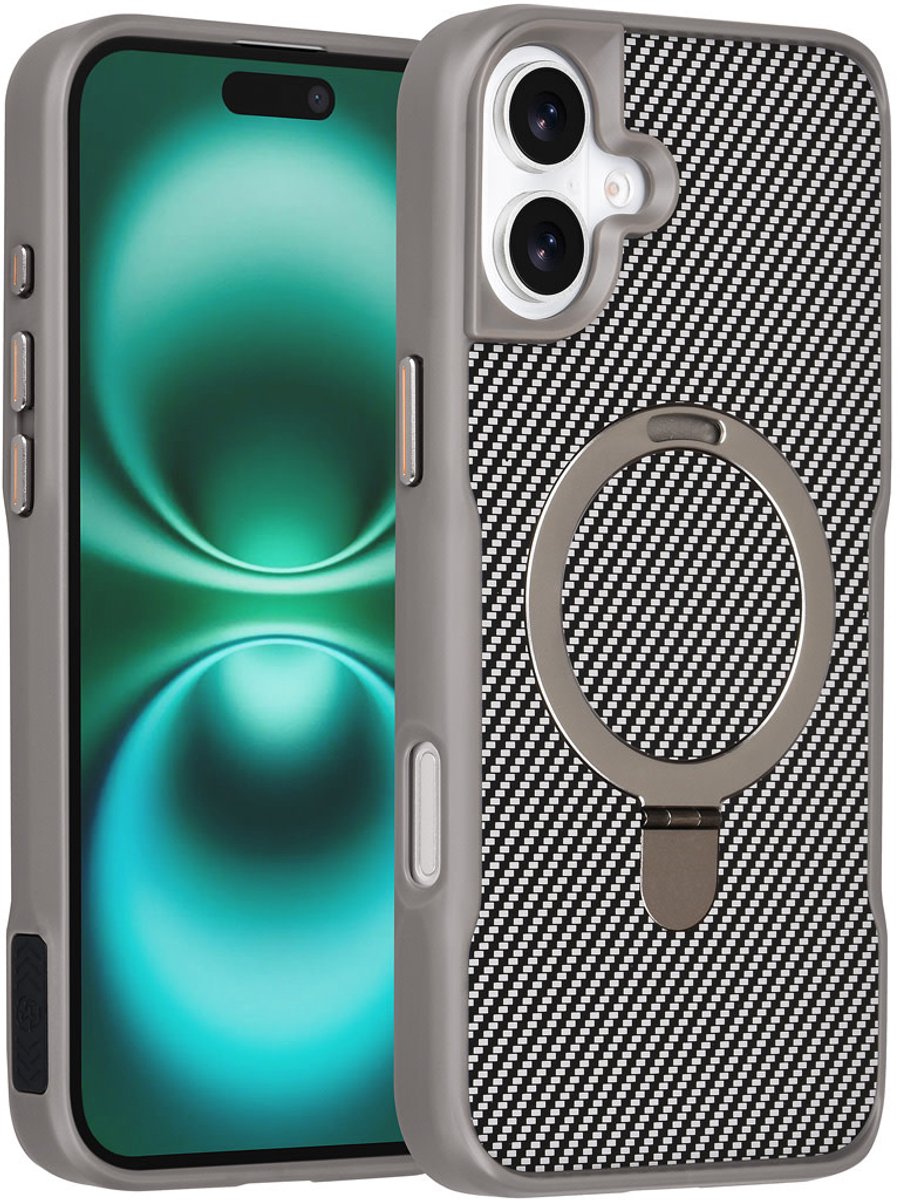 TUNIQ Back cover voor iPhone 16 Plus - MagSafe - Ringstand - Carbon Fiber - Zilver