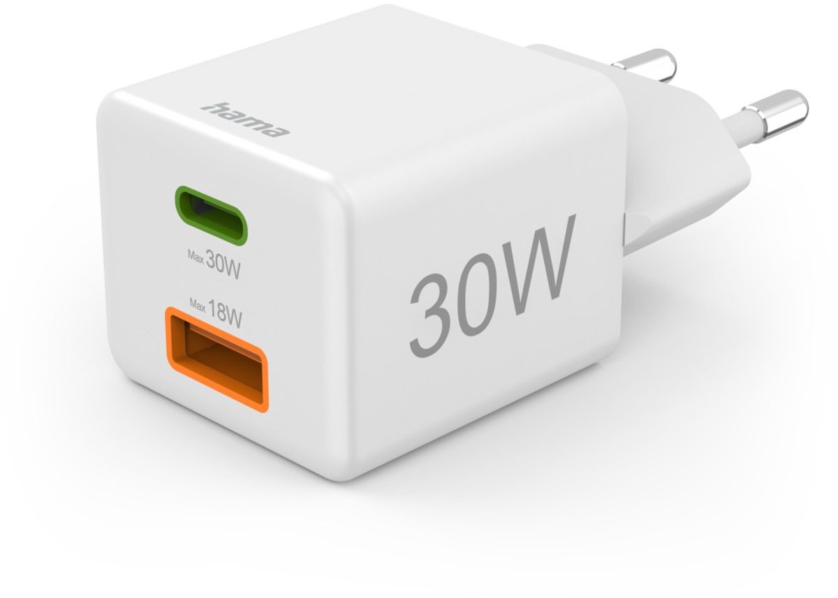 Hama 30W Snellader - 1x USB-C PD, 1x USB-A QC - mini - Wit