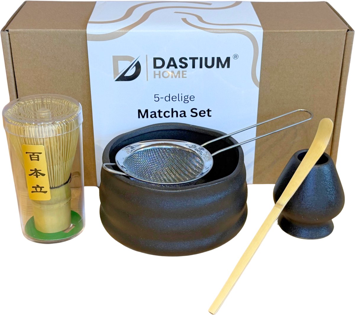 Dastium Home Matcha Thee Set - Matcha Set - 5 delige set voor matcha - Matchaset - Matcha Starterkit -Matcha Accessoires Set - Zwart Aardewerk