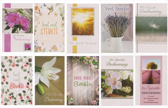 Collage van wenskaarten met bloemen, natuur en tekst.