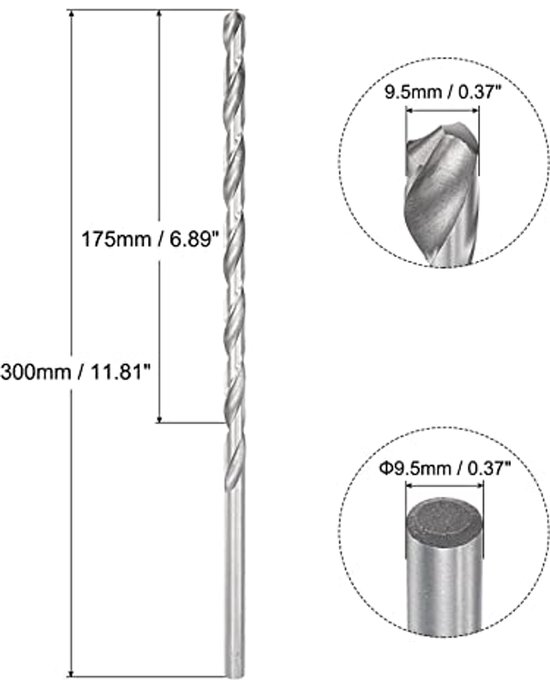 Spiraalboor extra lang van hogesnelheidsstaal 9,5 x 300 mm - Voor