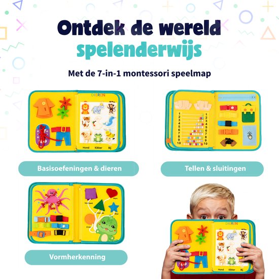 MontiPlay® Montessori Speelgoed - Sensorisch Speelgoed - Activiteitenbord - Busy Board - Montessori voor thuis - Educatief - Sensomotorisch Speelgoed - Geelblauw - Het grote speelgoedboek 2025 van MontiPlay® — afbeelding 4