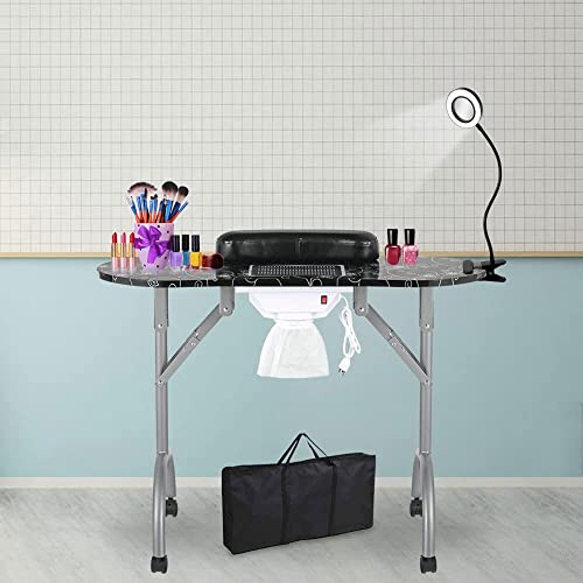 Draagbare en Opvouwbare Geventileerde Manicure Tafel met Vergrootglas en LED-Lamp