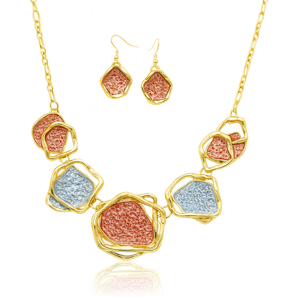 Elegante rood-blauw-gouden geometrische bloem opengewerkte ketting en oorbellen set