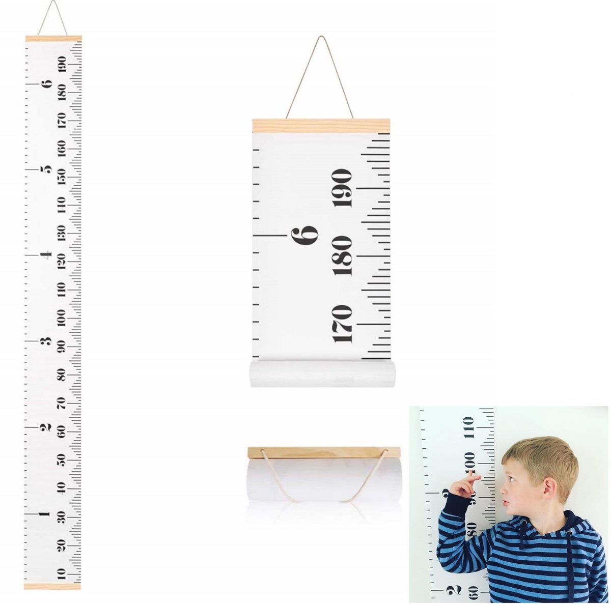 Image of 1 stuk - groeimeter voor kinderen - canvas lengtemeter met houten frame - groeimeter voor aan de muur - wandmeetkaart voor thuisdecoratie en kinderkamer decoratie - 20 x 195 cm (wit)