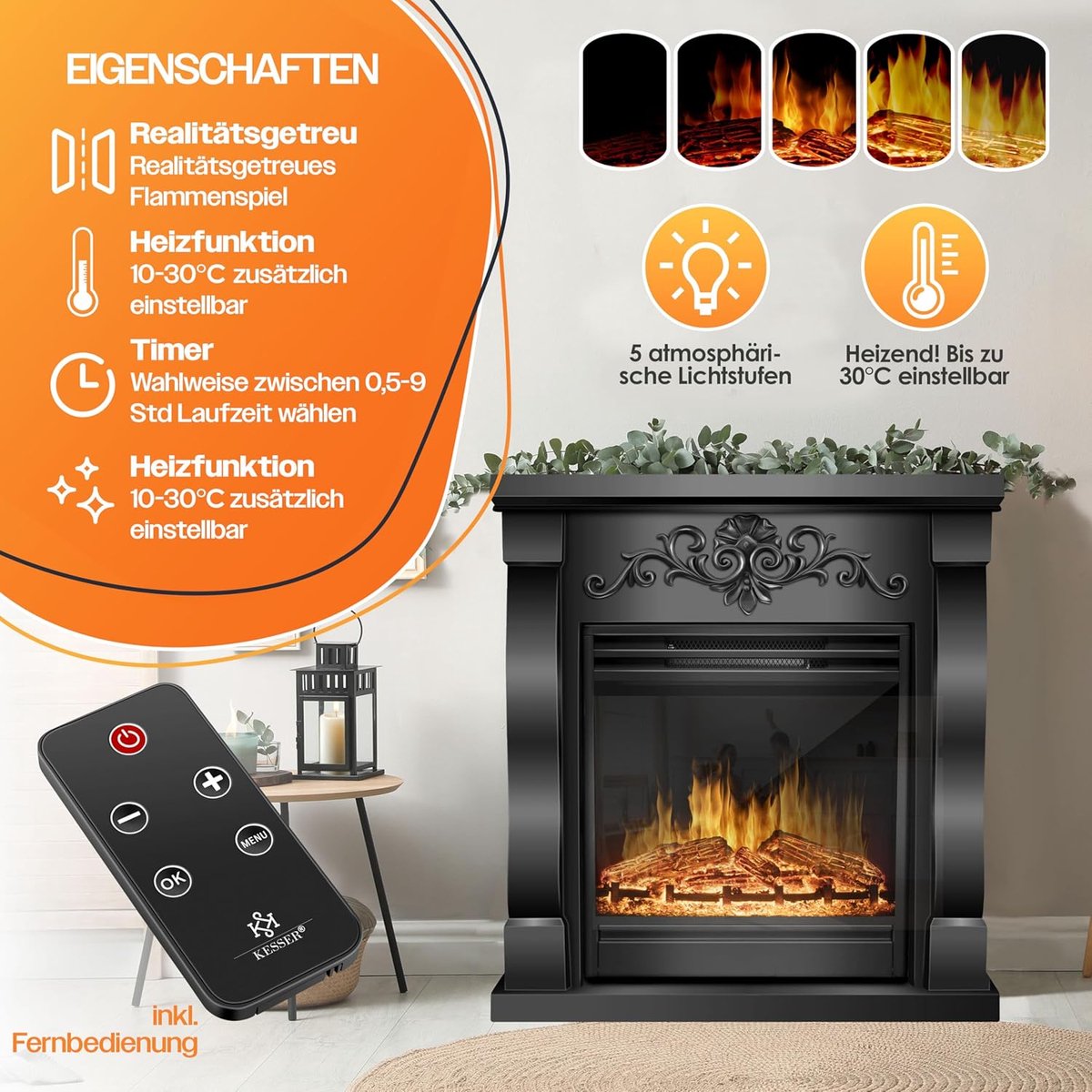 Elektrische open haard Ganeey® Luxe 3D Vlameffect met Verwarmingsfunctie – 1800W Infrarood Verwarming met Timer, Thermostaat & Afstandsbediening – LED Sfeerlicht, Dimbaar, Oververhittingsbeveiliging, Vrijstaand – Villa/Zwart – Realistisch Houtvuur De